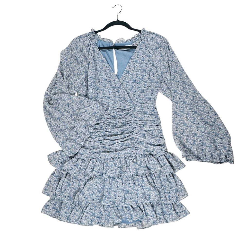 ASTR The Label Blue Multi Floral Tiered Long Sleeve Mini Dress‎ S Lined